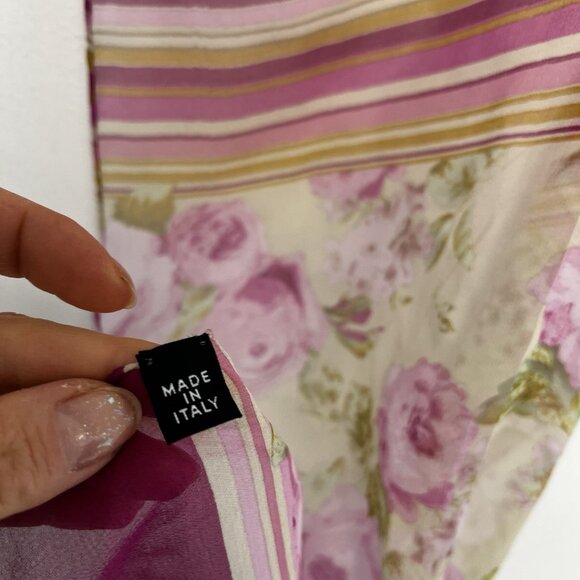 Italy Made Floral Roses Striped Pink Silk Scarf - Picture 8 of 9